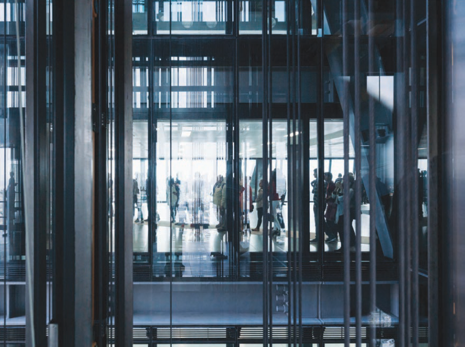 Layered glass and steel structure of a contemporary building
